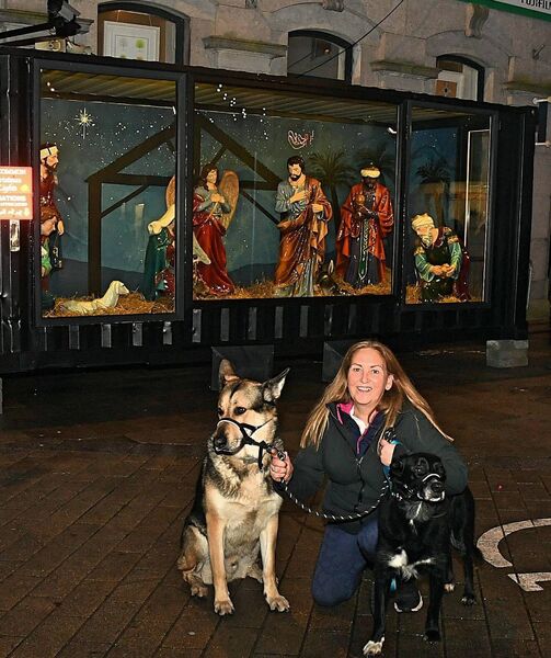 Samantha Scally, Lisnamult with Sully and Rasca at the lnew crib with life-size figures, which was unveiled on Saturday in Roscommon Town. Pic. Gerard O'Loughlin Samantha Scally, Lisnamult with Sully and Rasca at the lnew crib with life-size figures, which was unveiled on Saturday in Roscommon Town. Pic. Gerard O'Loughlin