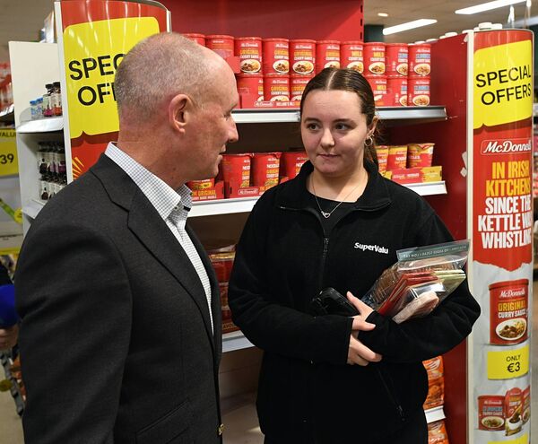 Jim Gavin chatting to Chloe Coyle in SuperValu in Roscommon Town today. Jim Gavin chatting to Chloe Coyle in SuperValu in Roscommon Town today.