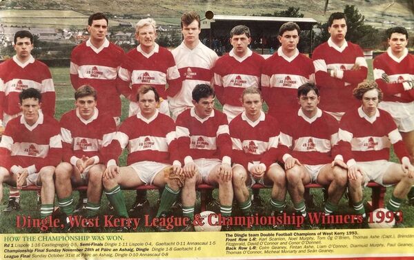 The Dingle senior football team, West Kerry League and Championship winners in 1993. Tom Óg O'Brien is pictured front row, third from left. The Dingle senior football team, West Kerry League and Championship winners in 1993. Tom Óg O'Brien is pictured front row, third from left.