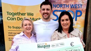 <p>Fergal Guihen presents a cheque for €105,000 to Marie McGuinness, Mayo Roscommon Hospice fundraising department and Martina Jennings, CEO Mayo Roscommon Hospice at Drumhierny Woodland Hideaway. Pic: Noreen Gaffney </p> <p>Fergal Guihen presents a cheque for €105,000 to Marie McGuinness, Mayo Roscommon Hospice fundraising department and Martina Jennings, CEO Mayo Roscommon Hospice at Drumhierny Woodland Hideaway. Pic: Noreen Gaffney </p>