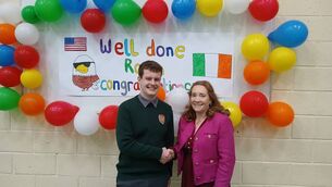 <p>Ronan Lyons made a triumphant return to school having won the Broadcom Foundation Award at the ISEF international special awards in Phoenix Arizona. Ronan is pictured being congratulated by principal Hazel Hannon. </p> <p>Ronan Lyons made a triumphant return to school having won the Broadcom Foundation Award at the ISEF international special awards in Phoenix Arizona. Ronan is pictured being congratulated by principal Hazel Hannon. </p>