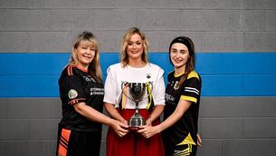 <p>GAA Rounders president Paula Doherty with intermediate women's finalists Georgina McDermott of Elphin, left, and Clodagh Naughton of Galway City Rapparees, at Croke Park. Picture: Piaras Ó Mídheach/Sportsfile </p> <p>GAA Rounders president Paula Doherty with intermediate women's finalists Georgina McDermott of Elphin, left, and Clodagh Naughton of Galway City Rapparees, at Croke Park. Picture: Piaras Ó Mídheach/Sportsfile </p>