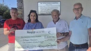 <p>A charity football match held in memory of Colm Doyle raised €15,197.46 for Mayo Roscommon Hospice Foundation. Pictured at the cheque presentation at Roscommon Hospice were left to right: Brian O’Neill, Martina Jennings, Gerry Doyle and Sean Mangan.</p> <p>A charity football match held in memory of Colm Doyle raised €15,197.46 for Mayo Roscommon Hospice Foundation. Pictured at the cheque presentation at Roscommon Hospice were left to right: Brian O’Neill, Martina Jennings, Gerry Doyle and Sean Mangan.</p>